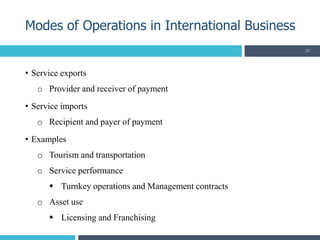 • Service exports
o Provider and receiver of payment
• Service imports
o Recipient and payer of payment
• Examples
o Tourism and transportation
o Service performance
 Turnkey operations and Management contracts
o Asset use
 Licensing and Franchising
Modes of Operations in International Business
25
 