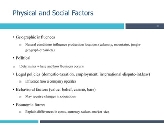 • Geographic influences
o Natural conditions influence production locations (calamity, mountains, jungle-
geographic barriers)
• Political
o Determines where and how business occurs
• Legal policies (domestic-taxation, employment; international dispute-int.law)
o Influence how a company operates
• Behavioral factors (value, belief, casino, bars)
o May require changes in operations
• Economic forces
o Explain differences in costs, currency values, market size
Physical and Social Factors
30
 