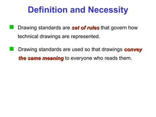 Definition and Necessity Drawing standards are  set of rules  that govern how technical drawings are represented. Drawing standards are used so that drawings  convey the same meaning   to everyone who reads them. 
