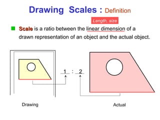 Drawing  Scales :  Definition Drawing Actual Length, size 1 2 : Scale  is a ratio between the linear dimension of a drawn representation of an object and the actual object.  