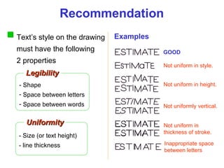 - Size (or text height) - line thickness - Shape Space between letters Space between words Recommendation Legibility Uniformity Examples GOOD Not uniform in style. Not uniform in height. Not uniformly vertical. Not uniform in thickness of stroke. Inappropriate space between letters Text’s style on the drawing must have the following 2 properties 