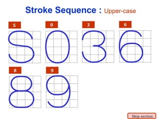6 8 9 0 S 3 Stroke Sequence :  Upper-case Skip section 