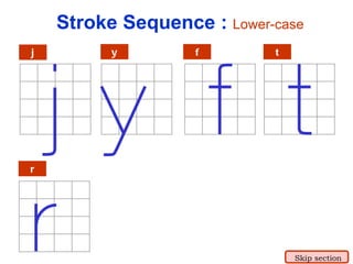 j y f r t Stroke Sequence :  Lower-case Skip section 