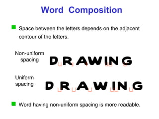 DRAWING Word  Composition Non-uniform spacing Uniform spacing D R A W I N G Space between the letters depends on the adjacent contour of the letters. Word having non-uniform spacing is more readable. 
