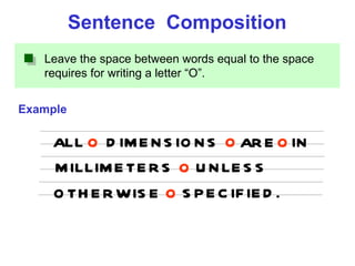 Leave the space between words equal to the space requires for writing a letter “O”.  Example Sentence  Composition ALL DIMENSIONS ARE IN MILLIMETERS O O O O UNLESS OTHERWISE SPECIFIED. O 