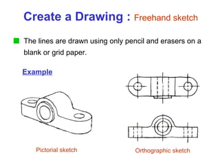 Example Create a Drawing :  Freehand sketch Pictorial sketch Orthographic sketch The lines are drawn using only pencil and erasers on a blank or grid paper. 