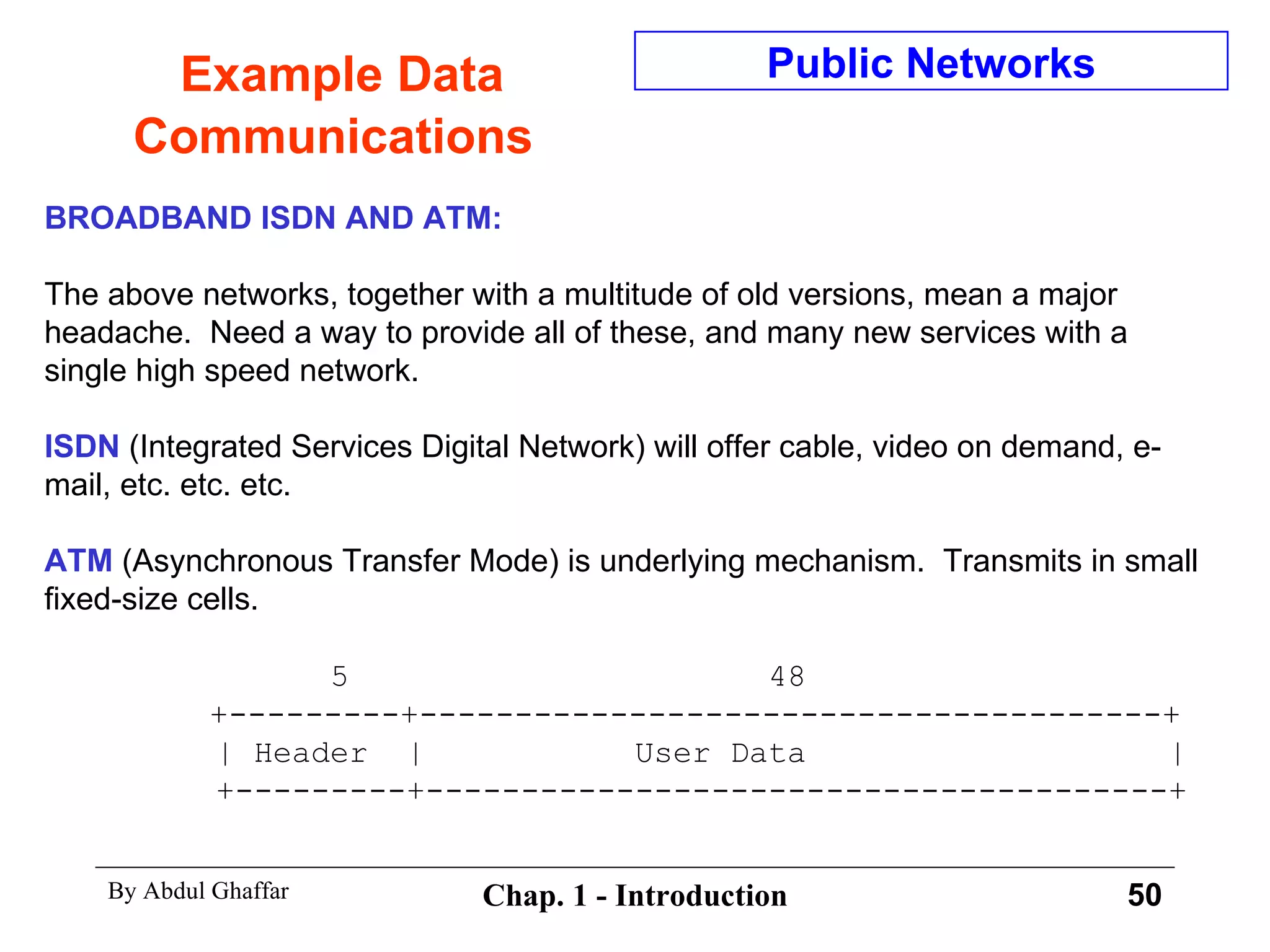 Example Data Communications BROADBAND ISDN AND ATM: The above networks, together with a multitude of old versions, mean a major headache.  Need a way to provide all of these, and many new services with a single high speed network. ISDN   (Integrated Services Digital Network) will offer cable, video on demand, e-mail, etc. etc. etc. ATM  (Asynchronous Transfer Mode) is underlying mechanism.  Transmits in small fixed-size cells. 5  48   +---------+---------------------------------------+ | Header  |  User Data  | +---------+---------------------------------------+ Public Networks 