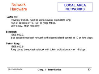 LOCAL AREA NETWORKS LANs  are: Privately owned.  Can be up to several kilometers long; Run at speeds of 10, 100, or more Mbps. Low delay.  High reliability. Ethernet: IEEE 802.3. Bus based broadcast network with decentralized control at 10 or 100 Mbps. Token Ring: IEEE 802.5 Ring based broadcast network with token arbitration at 4 or 16 Mbps. Network Hardware 
