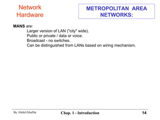 METROPOLITAN  AREA NETWORKS: MANS  are: Larger version of LAN (&quot;city&quot; wide). Public or private / data or voice. Broadcast - no switches. Can be distinguished from LANs based on wiring mechanism. Network Hardware 