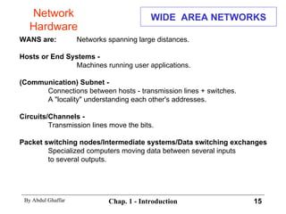 WIDE  AREA NETWORKS WANS are: Networks spanning large distances. Hosts or End Systems -  Machines running user applications. (Communication) Subnet - Connections between hosts - transmission lines + switches. A &quot;locality&quot; understanding each other's addresses. Circuits/Channels - Transmission lines move the bits. Packet switching nodes/Intermediate systems/Data switching exchanges  Specialized computers moving data between several inputs to several outputs. Network Hardware 