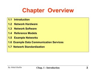 Chapter  Overview 1.1  Introduction 1.2  Network Hardware 1.3  Network Software 1.4  Reference Models 1.5  Example Networks 1.6  Example Data Communication Services 1.7  Network Standardization 