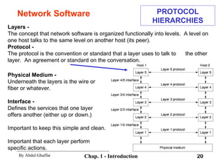 Network Software Layers -  The concept that network software is organized functionally into levels.  A level on one host talks to the same level on another host (its peer). Protocol -  The protocol is the convention or standard that a layer uses to talk to  the other layer.  An agreement or standard on the conversation. Physical Medium - Underneath the layers is the wire or fiber or whatever. Interface - Defines the services that one layer offers another (either up or down.)  Important to keep this simple and clean. Important that each layer perform specific actions. PROTOCOL HIERARCHIES 