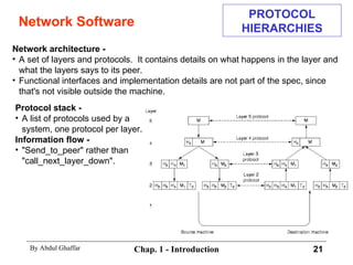 Network Software Network architecture -  A set of layers and protocols.  It contains details on what happens in the layer and what the layers says to its peer. Functional interfaces and implementation details are not part of the spec, since that's not visible outside the machine. PROTOCOL HIERARCHIES Protocol stack - A list of protocols used by a system, one protocol per layer. Information flow -   &quot;Send_to_peer&quot; rather than &quot;call_next_layer_down&quot;. 