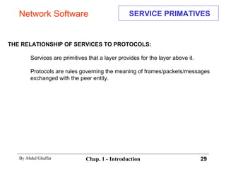 SERVICE PRIMATIVES THE RELATIONSHIP OF SERVICES TO PROTOCOLS: Services are primitives that a layer provides for the layer above it. Protocols are rules governing the meaning of frames/packets/messages exchanged with the peer entity. Network Software 