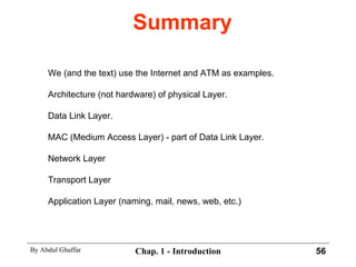 Summary We (and the text) use the Internet and ATM as examples. Architecture (not hardware) of physical Layer. Data Link Layer. MAC (Medium Access Layer) - part of Data Link Layer. Network Layer Transport Layer Application Layer (naming, mail, news, web, etc.) 