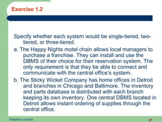 Exercise 1.2



  Specify whether each system would be single-tiered, two-
      tiered, or three-tiered.
  a. The Happy Nights motel chain allows local managers to
      purchase a franchise. They can install and use the
      DBMS of their choice for their reservation system. The
      only requirement is that they be able to connect and
      communicate with the central office’s system.
  b. The Sticky Wicket Company has home offices in Detroit
      and branches in Chicago and Baltimore. The inventory
      and parts database is distributed with each branch
      keeping its own inventory. One central DBMS located in
      Detroit allows instant ordering of supplies through the
      central office.
Database system                                          27
 
