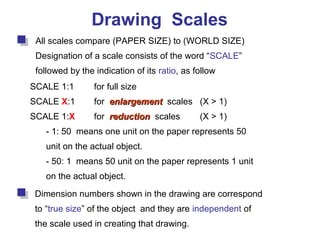 Drawing Scales
All scales compare (PAPER SIZE) to (WORLD SIZE)
Designation of a scale consists of the word “SCALE”
followed by the indication of its ratio, as follow
SCALE 1:1 for full size
SCALE X:1 for enlargementenlargement scales (X > 1)
SCALE 1:X for reductionreduction scales (X > 1)
- 1: 50 means one unit on the paper represents 50
unit on the actual object.
- 50: 1 means 50 unit on the paper represents 1 unit
on the actual object.
Dimension numbers shown in the drawing are correspond
to “true size” of the object and they are independent of
the scale used in creating that drawing.
 