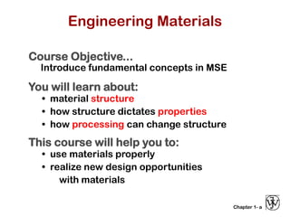 Chapter 1-
Engineering Materials
Course Objective...
Introduce fundamental concepts in MSE
You will learn about:
• material structure
• how structure dictates properties
• how processing can change structure
This course will help you to:
• use materials properly
• realize new design opportunities
with materials
a
 