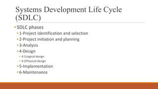 Systems Development Life Cycle
(SDLC)
▪SDLC phases
▪ 1-Project identification and selection
▪ 2-Project initiation and planning
▪ 3-Analysis
▪ 4-Design
▪ 4.1Logical design
▪ 4.2Physical design
▪ 5-Implementation
▪ 6-Maintenance
 