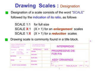 Designation of a scale consists of the word “SCALE”
followed by the indication of its ratio, as follows
SCALE 1:1 for full size
SCALE X:1 (X > 1) for an enlargement scales
SCALE 1:X (X > 1) for a reduction scales
Drawing Scales : Designation
Drawing scale is commonly found in a title block.
 