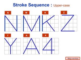 N M K Z
Y A 4
Stroke Sequence : Upper-case
Skip section
 