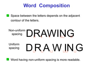 DRAWING
Word Composition
Non-uniform
spacing
Uniform
spacing
DR A W ING
Space between the letters depends on the adjacent
contour of the letters.
Word having non-uniform spacing is more readable.
 