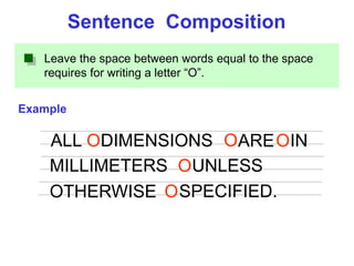 Leave the space between words equal to the space
requires for writing a letter “O”.
Example
Sentence Composition
ALL DIMENSIONS ARE IN
MILLIMETERS
O O O
OUNLESS
OTHERWISE SPECIFIED.
O
 