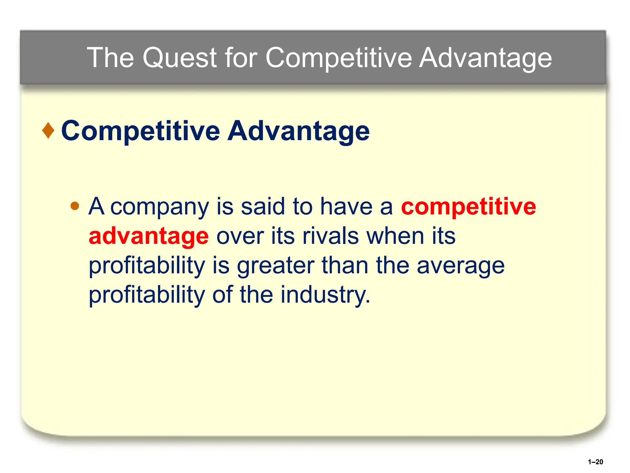 1–20
The Quest for Competitive Advantage
♦ Competitive Advantage
● A company is said to have a competitive
advantage over its rivals when its
profitability is greater than the average
profitability of the industry.
 