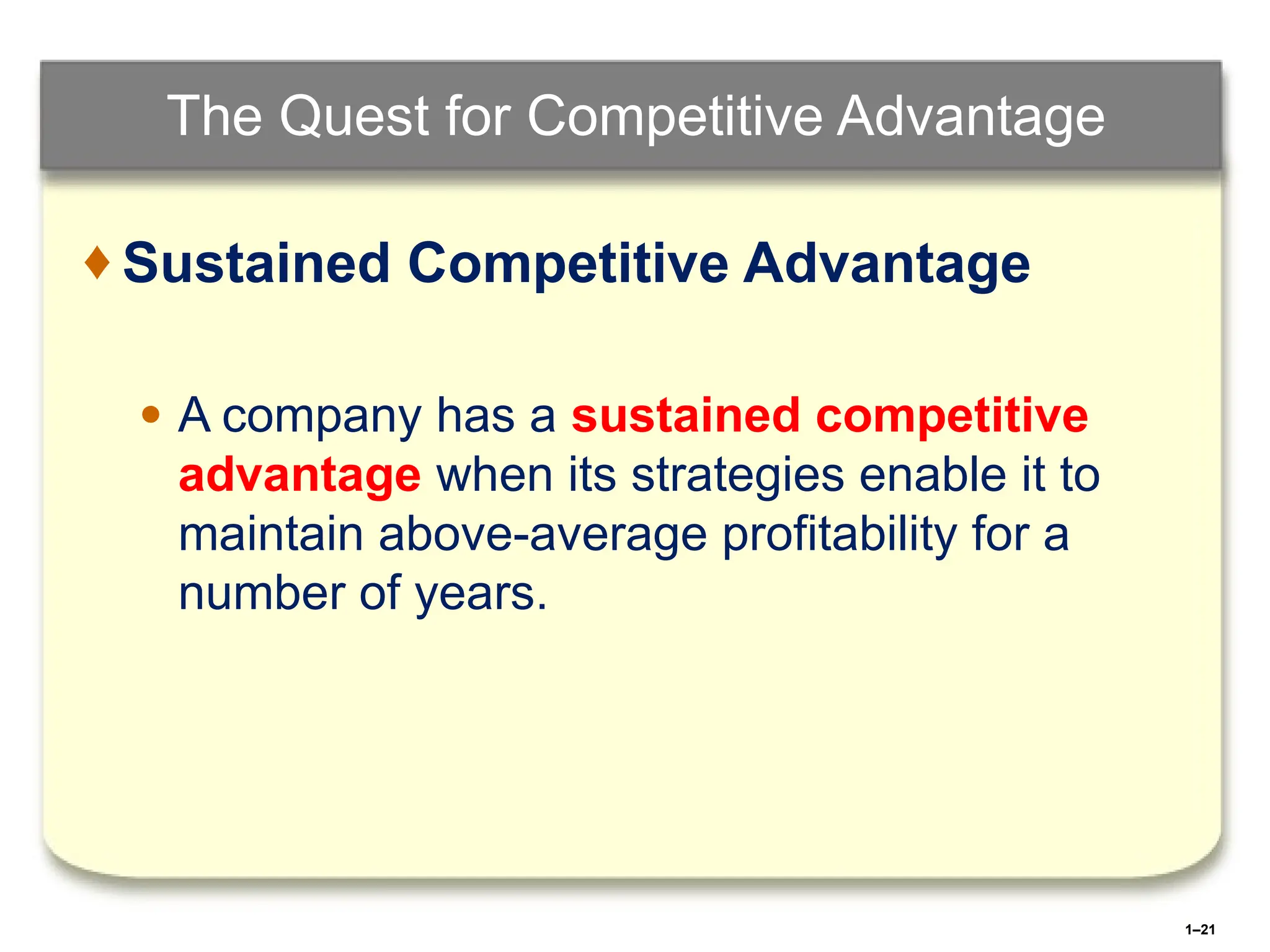 1–21
The Quest for Competitive Advantage
♦ Sustained Competitive Advantage
● A company has a sustained competitive
advantage when its strategies enable it to
maintain above-average profitability for a
number of years.
 
