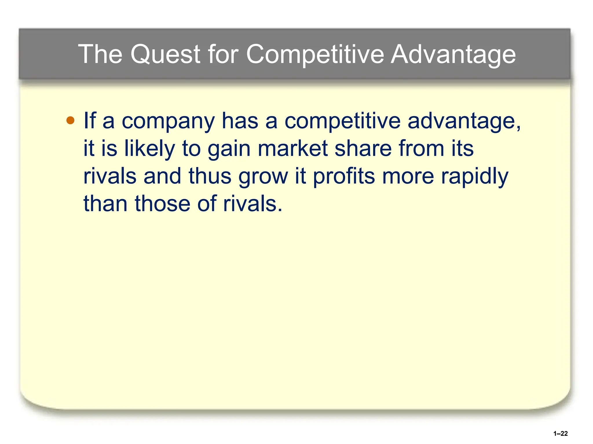 1–22
The Quest for Competitive Advantage
● If a company has a competitive advantage,
it is likely to gain market share from its
rivals and thus grow it profits more rapidly
than those of rivals.
 
