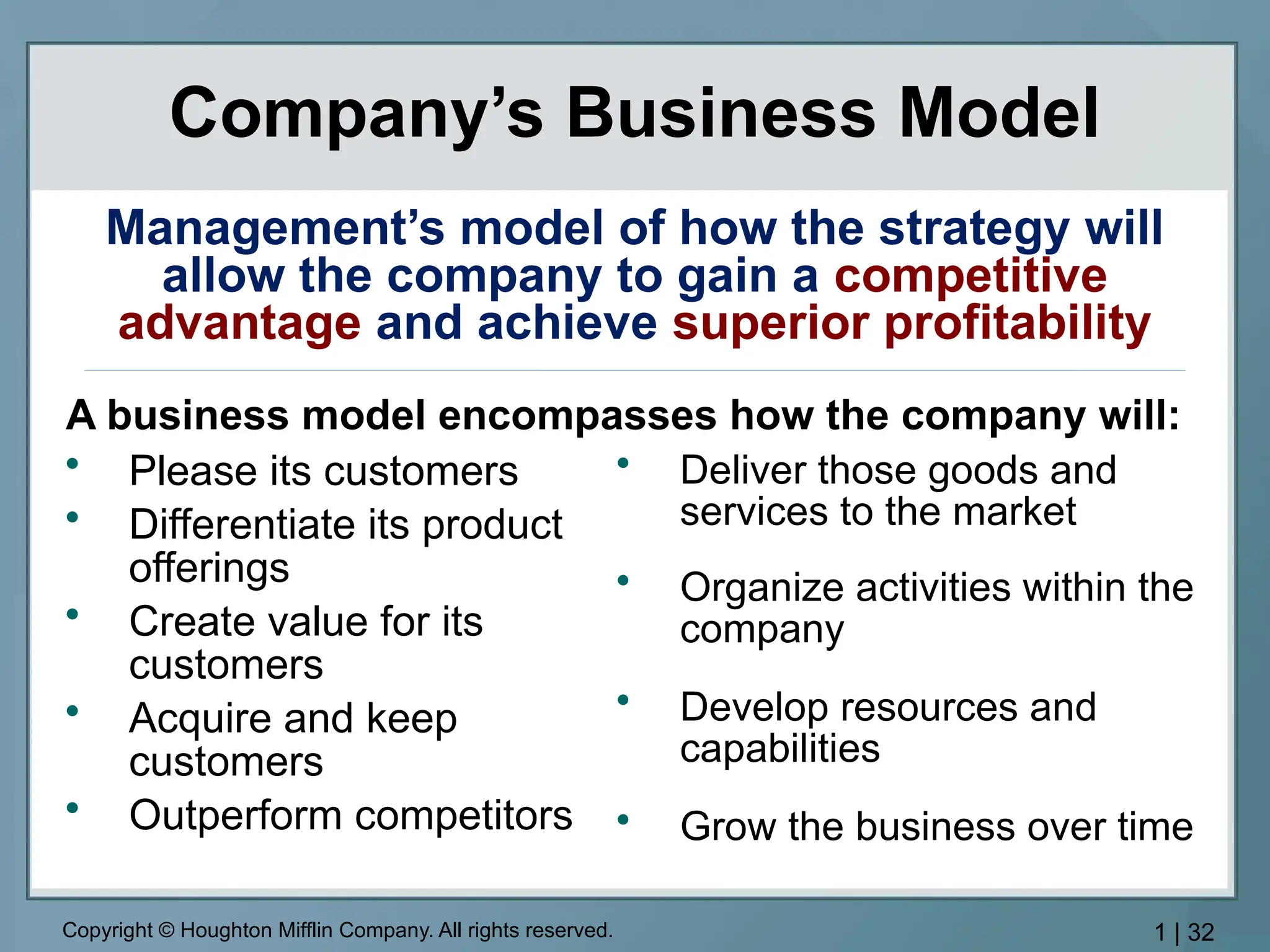 Copyright © Houghton Mifflin Company. All rights reserved. 1 | 32
A business model encompasses how the company will:
Company’s Business Model
Management’s model of how the strategy will
allow the company to gain a competitive
advantage and achieve superior profitability
• Please its customers
• Differentiate its product
offerings
• Create value for its
customers
• Acquire and keep
customers
• Outperform competitors
• Deliver those goods and
services to the market
• Organize activities within the
company
• Develop resources and
capabilities
• Grow the business over time
 
