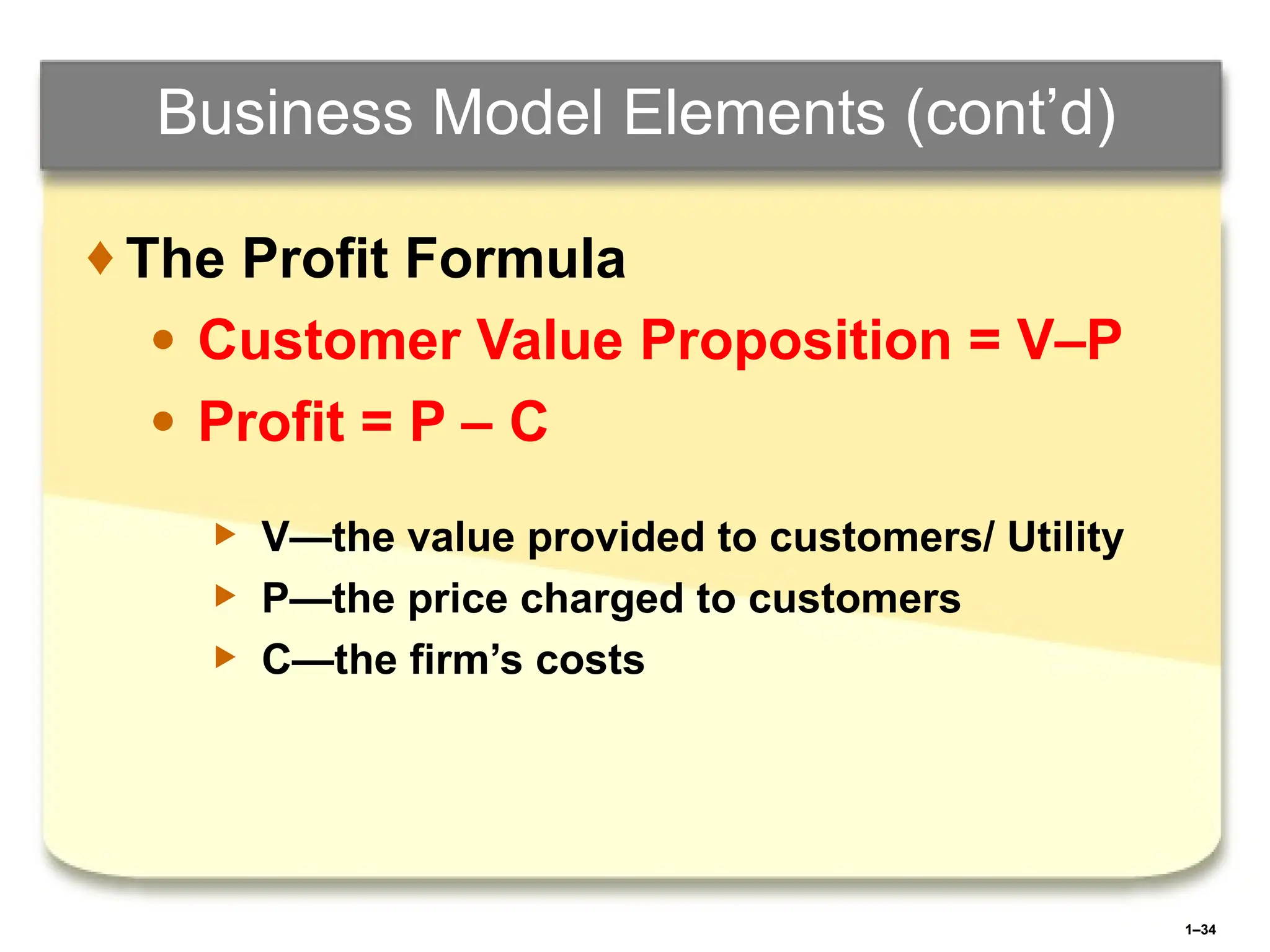 1–34
Business Model Elements (cont’d)
♦ The Profit Formula
● Customer Value Proposition = V–P
● Profit = P – C
 V—the value provided to customers/ Utility
 P—the price charged to customers
 C—the firm’s costs
 