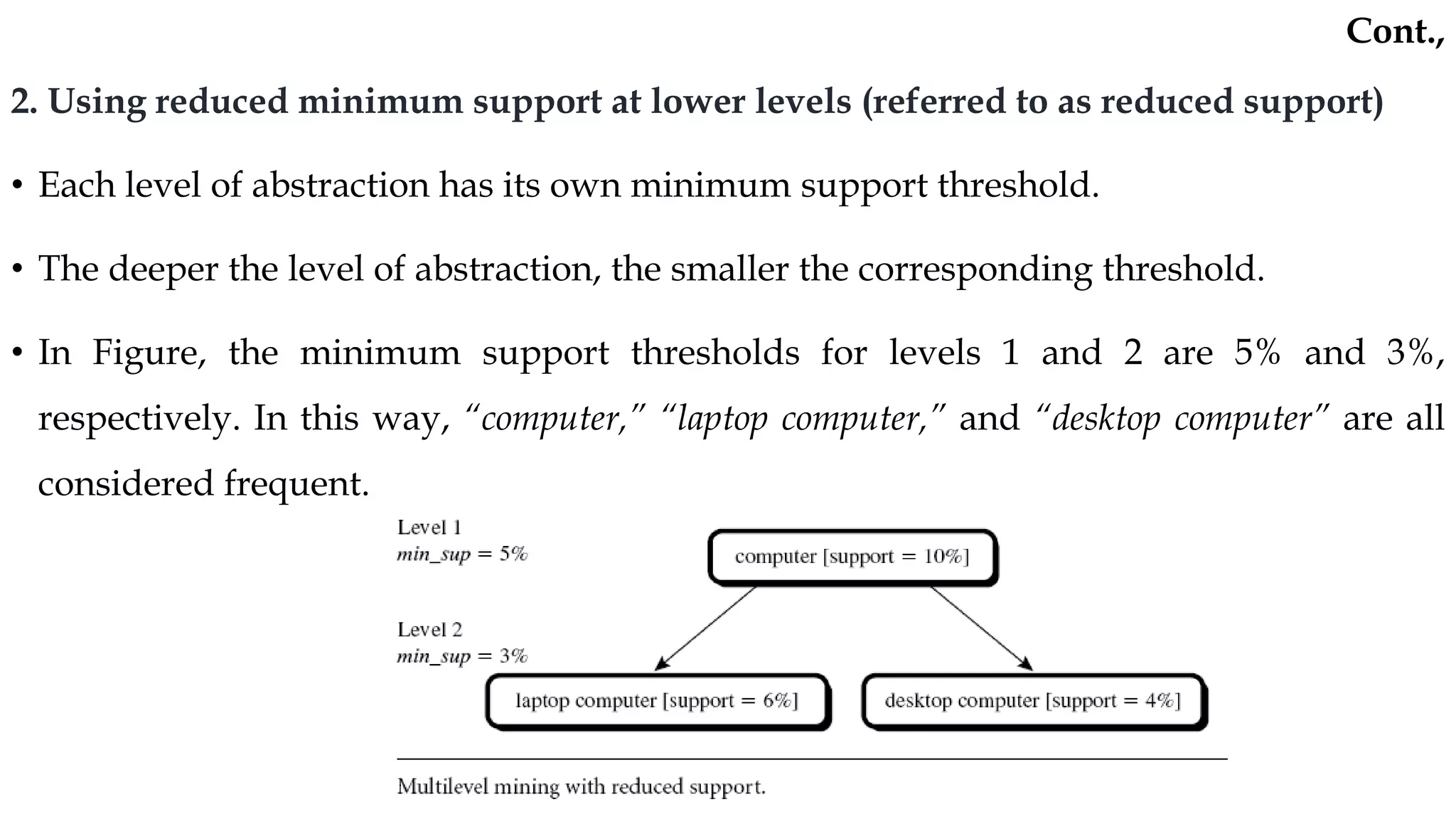 2. Using reduced minimum support at lower levels (referred to as reduced support)
• Each level of abstraction has its own minimum support threshold.
• The deeper the level of abstraction, the smaller the corresponding threshold.
• In Figure, the minimum support thresholds for levels 1 and 2 are 5% and 3%,
respectively. In this way, “computer,” “laptop computer,” and “desktop computer” are all
considered frequent.
Cont.,
 