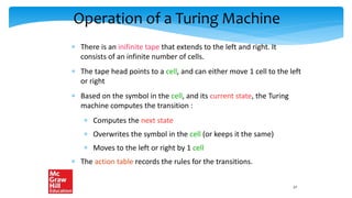 Operation of a Turing Machine
 There is an inifinite tape that extends to the left and right. It
consists of an infinite number of cells.
 The tape head points to a cell, and can either move 1 cell to the left
or right
 Based on the symbol in the cell, and its current state, the Turing
machine computes the transition :
 Computes the next state
 Overwrites the symbol in the cell (or keeps it the same)
 Moves to the left or right by 1 cell
 The action table records the rules for the transitions.
27
 