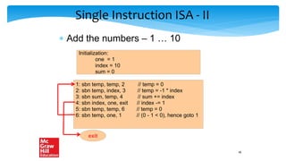 Single Instruction ISA - II
 Add the numbers – 1 … 10
1: sbn temp, temp, 2 // temp = 0
2: sbn temp, index, 3 // temp = -1 * index
3: sbn sum, temp, 4 // sum += index
4: sbn index, one, exit // index -= 1
5: sbn temp, temp, 6 // temp = 0
6: sbn temp, one, 1 // (0 - 1 < 0), hence goto 1
Initialization:
one = 1
index = 10
sum = 0
exit
38
 