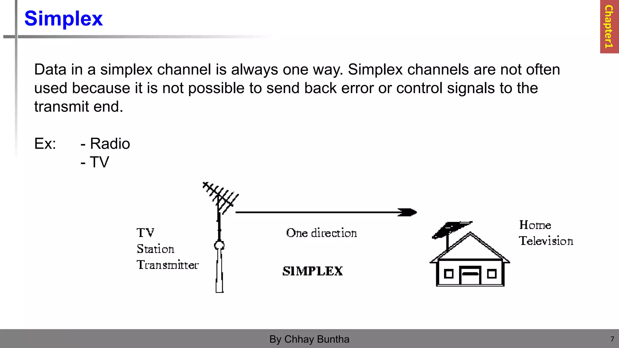 Simplex
Data in a simplex channel is always one way. Simplex channels are not often
used because it is not possible to send back error or control signals to the
transmit end.
Ex: - Radio
- TV
7
By Chhay Buntha
Chapter1
 