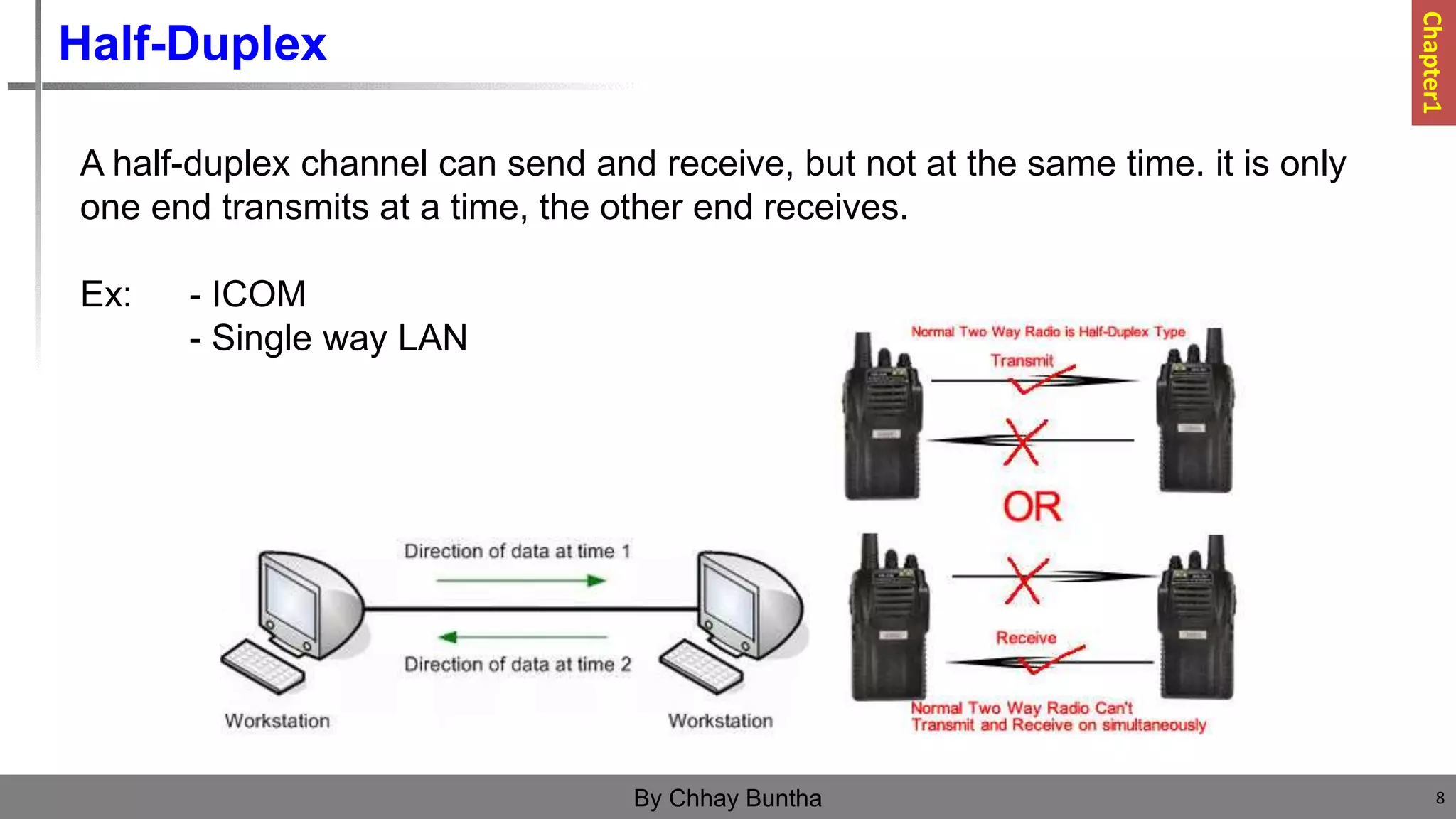 Half-Duplex
A half-duplex channel can send and receive, but not at the same time. it is only
one end transmits at a time, the other end receives.
Ex: - ICOM
- Single way LAN
8
By Chhay Buntha
Chapter1
 
