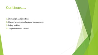 Continue…..
7. Motivation and direction
8. Liaison between workers and management
9. Policy making
10. Supervision and control
 