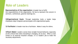 Role of Leaders
Representative of the organization: A leader has to fulfill
the responsibilities of the organization. He has to represent the concern in
seminars, conferences, general meetings etc.
2)Organizational Goals: Through leadership traits a leader helps
employees align/integrate personal goals with organizational goals.
3) Facilitator: A leader must be a facilitator. Makes it easy for others.
4)Team Maker: Leaders cannot show straight forward behavior, especially
at this critical time when everything is changing, all at once. When a crisis
strikes or an external situation changes, it is a leader's job to make the
necessary adjustments.
 