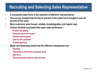 Recruiting and Selecting Sales Representative A successful sales force is the selection of effective representatives One survey revealed that the top 27 percent of the sales force brought in over 52 percent of the sales Most customers want honest, reliable, knowledgeable, and helpful reps  Charles Garfield concluded that super sales performers : Exhibit risk taking Powerful sense of mission Problem-solving bent Care for the customer Careful planning Mayer and Greenberg noted that the effective salesperson has : Empathy The ability to feel as the customer does Ego drive Strong personal need to make the sale. Chapter 01 – 