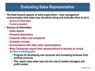 Evaluating Sales Representative The feed-forward aspects of sales supervision— how management communicates what sales reps should be doing and motivates them to do it Source of Information Formal evaluation Sources of information Sales reports Personal observation  Customer letters and complaints Customer surveys Conversations with other sales representatives Many Companies require their representatives to develop an annual  territory marketing plan   Program for developing new accounts and increasing business from existing accounts This report casts sales reps into the role of market managers and profit centers Chapter 01 – 