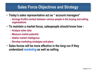 Sales Force Objectives and Strategy Today’s sales representative act as “ account managers” Arrange fruitful contact between various people in the buying and selling organizations To maintain a market focus, salespeople should know how : Analyze sales data Measure market potential Gather market intelligence Develop marketing strategies and plans Sales forces will be more effective in the long run if they understand  marketing  as well as selling Chapter 01 – 