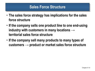 Sales Force Structure The sales force strategy has implications for the sales force structure If the company sells one product line to one end-using industry with customers in many locations  -> territorial sales force structure If the company sell many products to many types of customers -> product or market sales force structure Chapter 01 – 