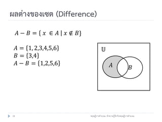 ผลต่างของเซต (Difference)
     𝐴− 𝐵 =    𝑥 ∈ 𝐴    𝑥 ∉ 𝐵}

     𝐴 = 1, 2,3,4,5,6                        𝕌
     𝐵 = 3,4
     𝐴 − 𝐵 = 1,2,5,6                                𝐴                  𝐵




18                               ทฤษฎีการคานวณ: ทาความรู้จักกับทฤษฎีการคานวณ
 