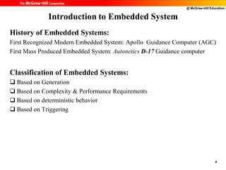 @ McGraw-Hill Education
4
History of Embedded Systems:
First Recognized Modern Embedded System: Apollo Guidance Computer (AGC)
First Mass Produced Embedded System: Autonetics D-17 Guidance computer
Classification of Embedded Systems:
 Based on Generation
 Based on Complexity & Performance Requirements
 Based on deterministic behavior
 Based on Triggering
Introduction to Embedded System
 