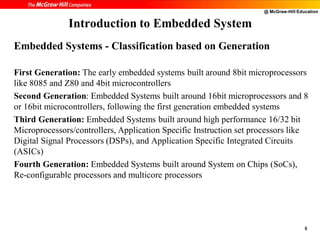 @ McGraw-Hill Education
5
Embedded Systems - Classification based on Generation
First Generation: The early embedded systems built around 8bit microprocessors
like 8085 and Z80 and 4bit microcontrollers
Second Generation: Embedded Systems built around 16bit microprocessors and 8
or 16bit microcontrollers, following the first generation embedded systems
Third Generation: Embedded Systems built around high performance 16/32 bit
Microprocessors/controllers, Application Specific Instruction set processors like
Digital Signal Processors (DSPs), and Application Specific Integrated Circuits
(ASICs)
Fourth Generation: Embedded Systems built around System on Chips (SoCs),
Re-configurable processors and multicore processors
Introduction to Embedded System
 