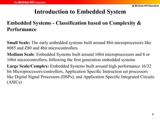 @ McGraw-Hill Education
6
Embedded Systems - Classification based on Complexity &
Performance
Small Scale: The early embedded systems built around 8bit microprocessors like
8085 and Z80 and 4bit microcontrollers
Medium Scale: Embedded Systems built around 16bit microprocessors and 8 or
16bit microcontrollers, following the first generation embedded systems
Large Scale/Complex: Embedded Systems built around high performance 16/32
bit Microprocessors/controllers, Application Specific Instruction set processors
like Digital Signal Processors (DSPs), and Application Specific Integrated Circuits
(ASICs)
Introduction to Embedded System
 