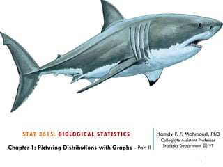 STAT 3615: BIOLOGICAL STATISTICS Hamdy F. F. Mahmoud, PhD
Collegiate Assistant Professor
Statistics Department @ VTChapter 1: Picturing Distributions with Graphs
1
- Part II
 