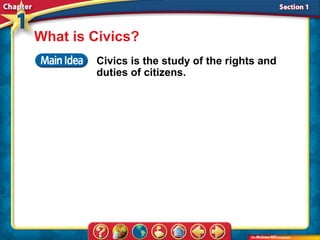 What is Civics?
        Civics is the study of the rights and
        duties of citizens.
 