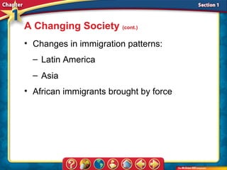 A Changing Society (cont.)
• Changes in immigration patterns:
  – Latin America
  – Asia
• African immigrants brought by force
 